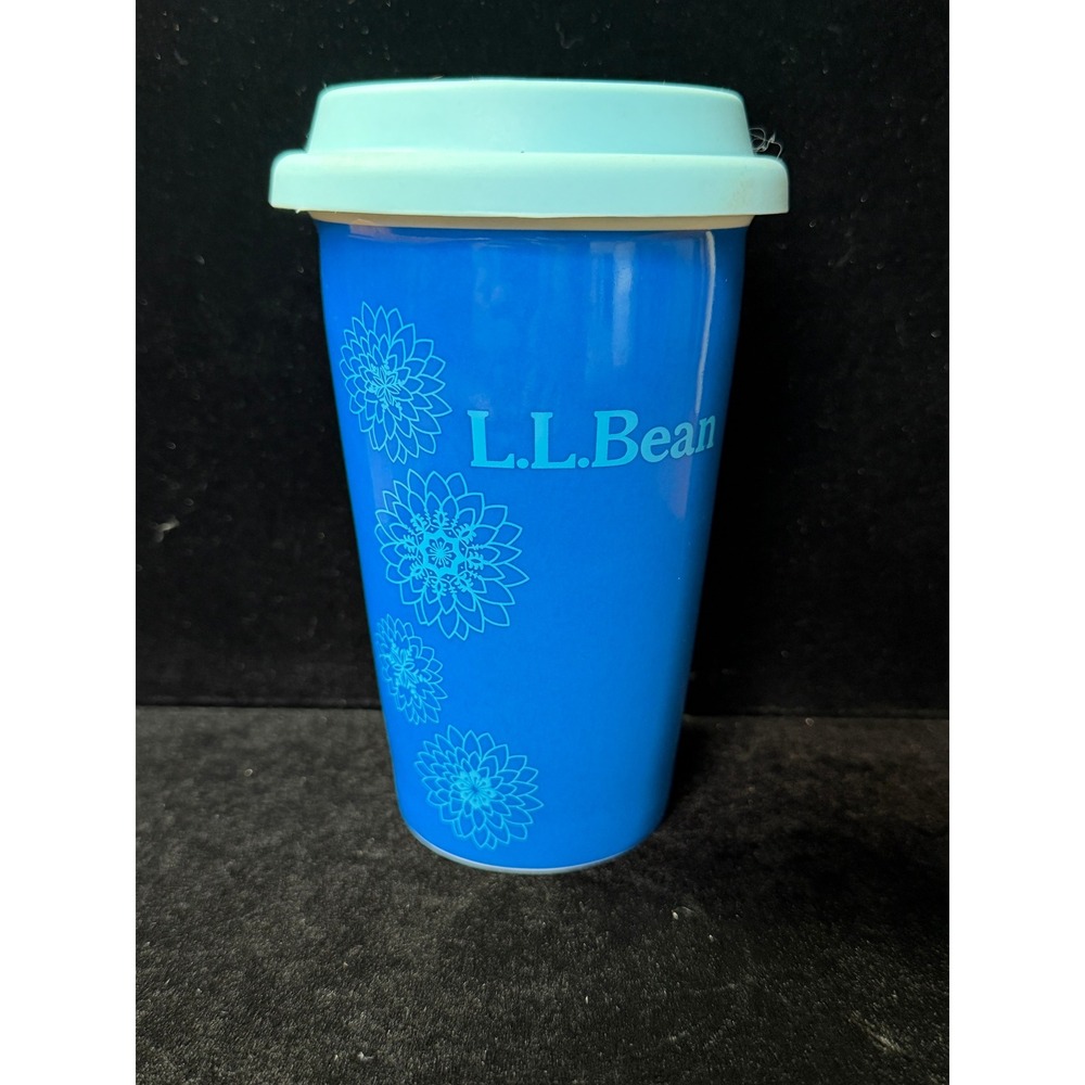 LL Bean Ceramic Travel Mug Blue Floral Mandala Double Wall Coffee Cup with Lid